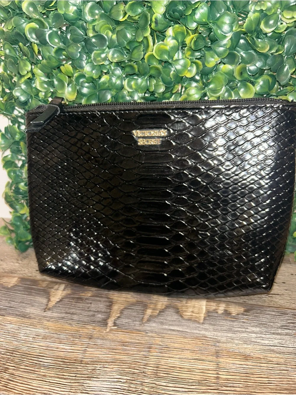 Victoria's Secret Black Faux Snakeskin Cosmetic Bag with Gold Logo